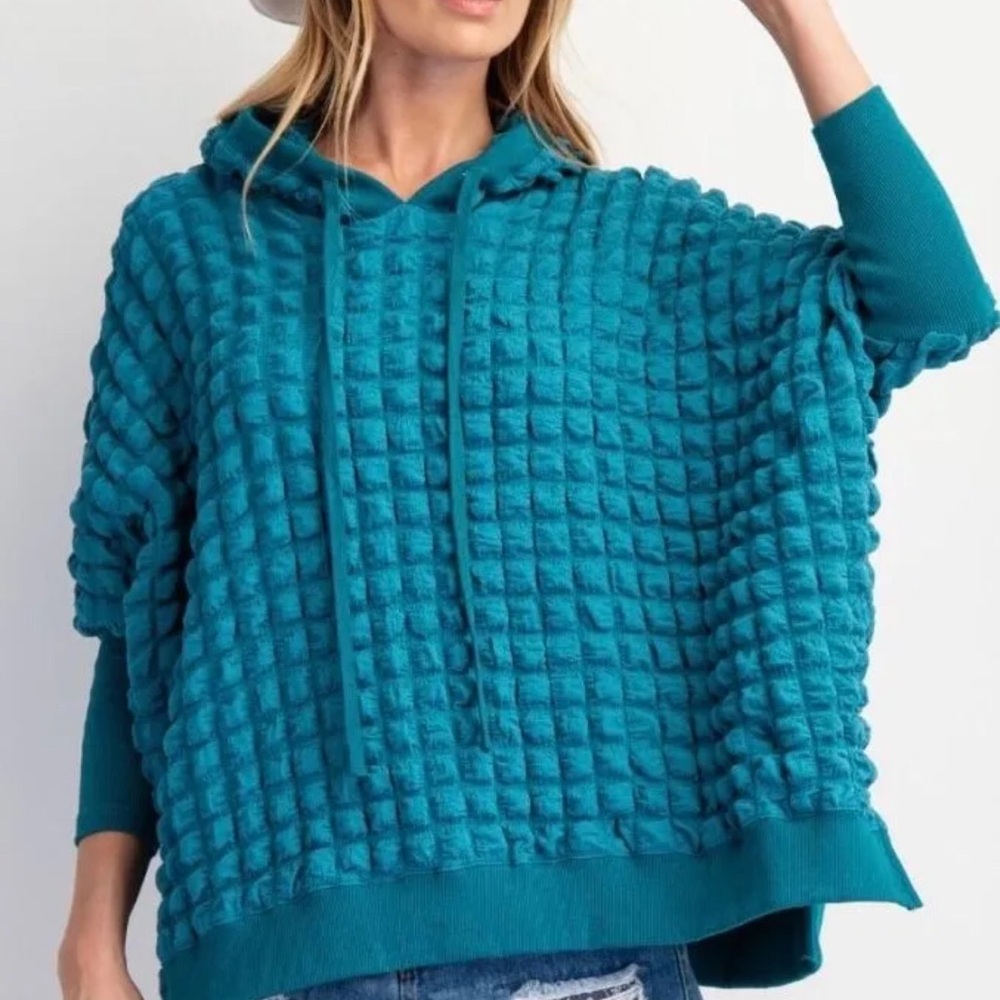 Easel Teal Textured Knit Hoodie